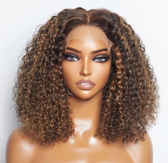 14-24inch Blonden Highlight Brown Curly Glueless Breathable Cap 6x5 Closure Human Hair Wig - ULOFEY