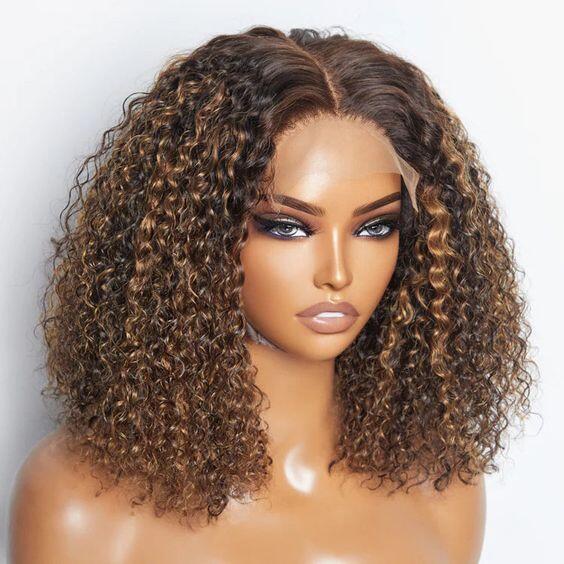 14-24inch Blonden Highlight Brown Curly Glueless Breathable Cap 6x5 Closure Human Hair Wig - ULOFEY