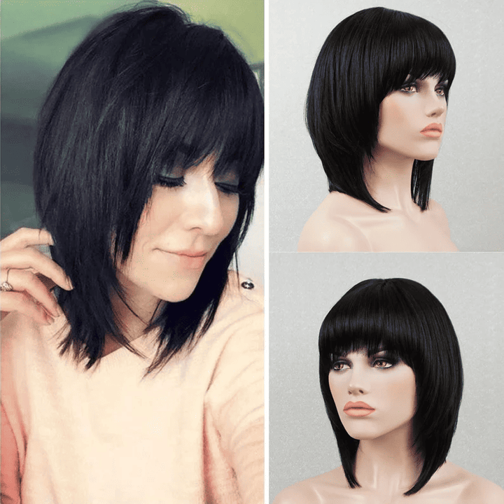 Natural Color Short Bob With Bangs Full Lace Human Hair Wigs - ULOFEY