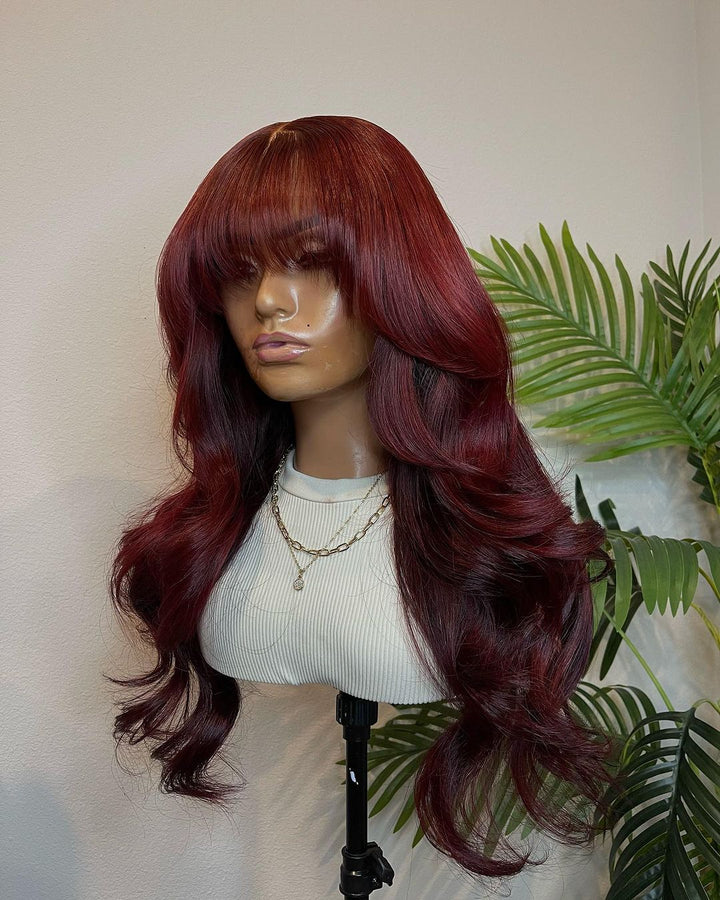 Bright Red Wavy Wig with Blunt Cut Bangs - ULOFEY