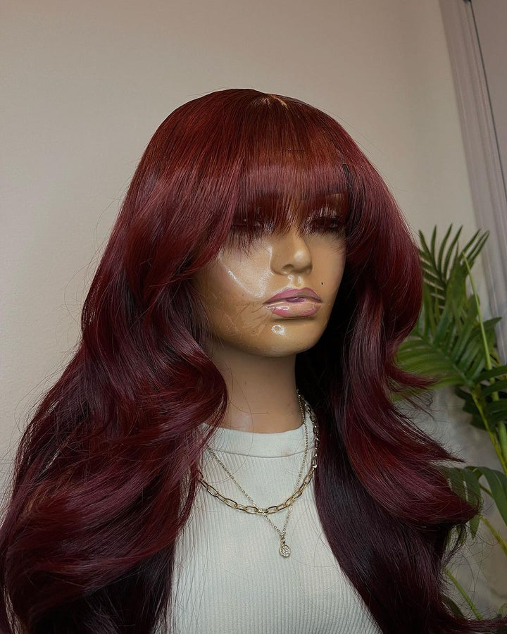 Bright Red Wavy Wig with Blunt Cut Bangs - ULOFEY