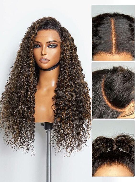 4/27 Brown Highlight Glueless Deep Wave Curly 5x5 Closure Human Hair Wig - ULOFEY