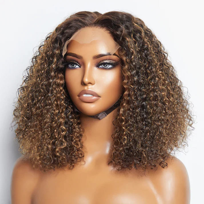 4/27 Brown Highlight Glueless Deep Wave Curly 5x5 Closure Human Hair Wig - ULOFEY