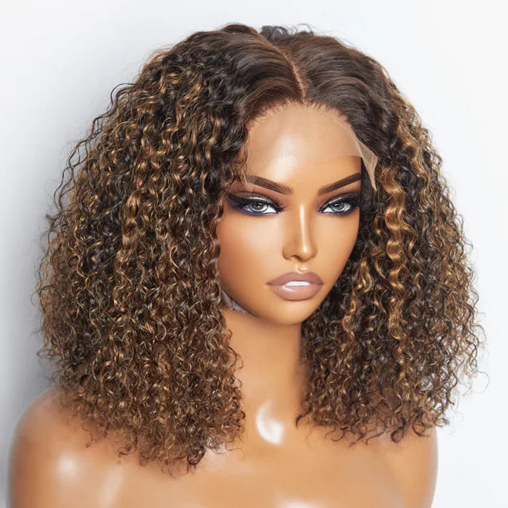 4/27 Brown Highlight Glueless Deep Wave Curly 5x5 Closure Human Hair Wig - ULOFEY