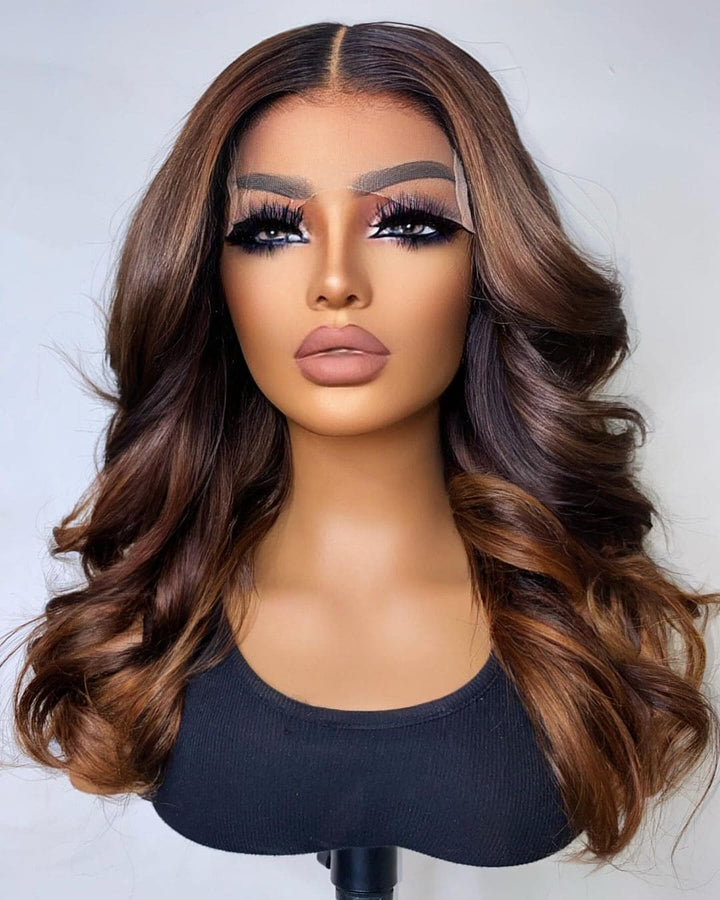 14-24inch Brown Highlights Wavy | Straight Transparent Lace 6x5 Closure Human Hair Wig - ULOFEY