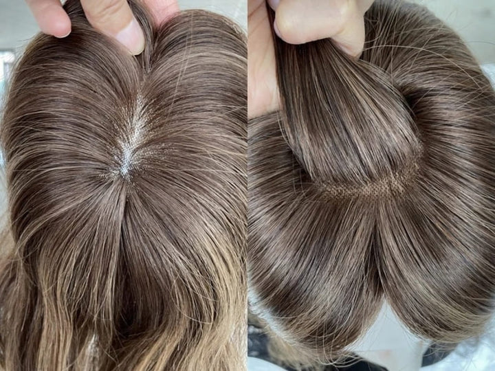 14-20inch Brown Highlights Mono Virgin Human Hair Topper - Ulofey Wigs