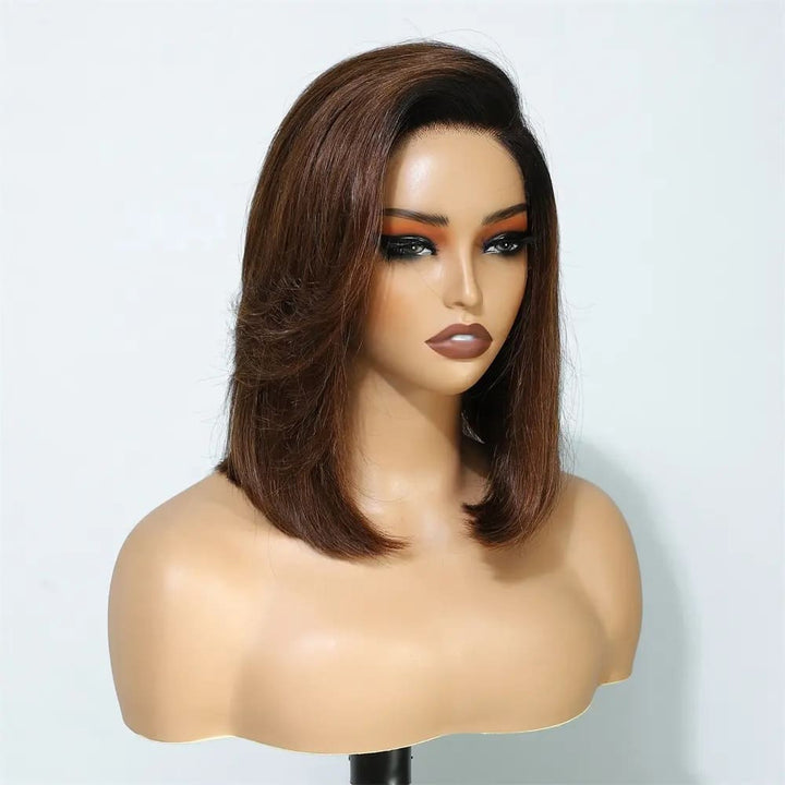 Brown Ombre C Part Straight Bob T Part Transparent Lace Human Hair Wigs