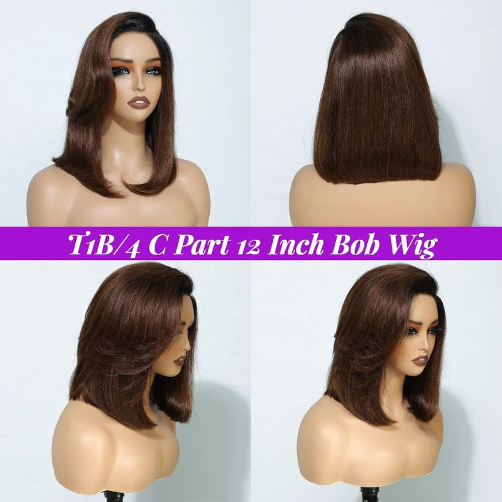 Brown Ombre C Part Straight Bob T Part Transparent Lace Human Hair Wigs