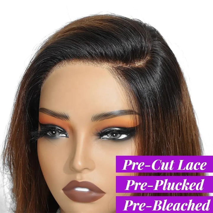 Brown Ombre C Part Straight Bob T Part Transparent Lace Human Hair Wigs