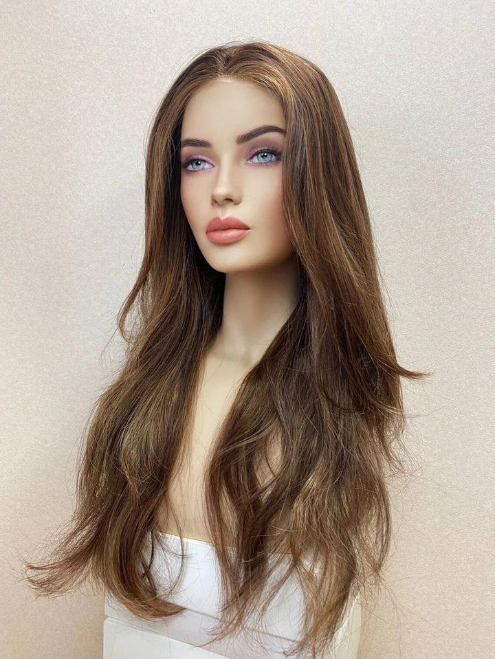 Brunette Straight Virgin Human Hair Mono Top Fully Hand-tied Medical Wigs - ULOFEY