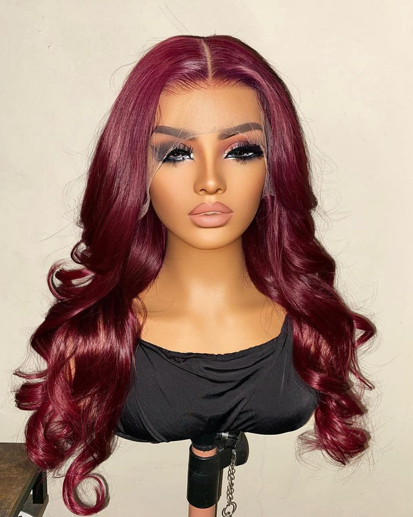 14-24inch Burgundy Red Pre Plucked 13*4 Front HD Lace Human Hair Wigs - ULOFEY