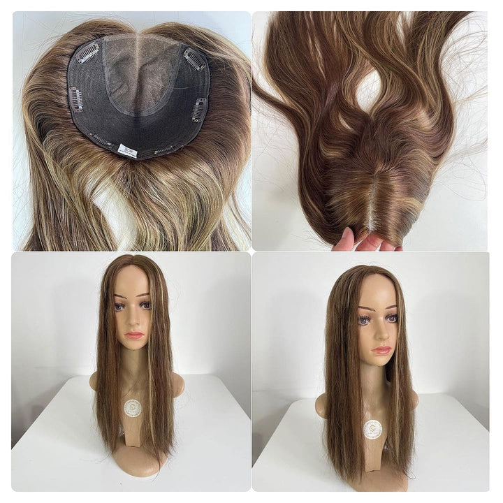 Caramel Brown Highlights 8”x8” Lace Clip In Human Hair Topper - ULOFEY