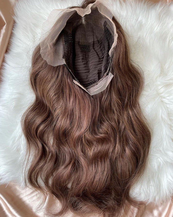 16-24inch Caramel Streaks Brown Wave Glueless 13x4 Front Lace Human Hair Wig - ULOFEY