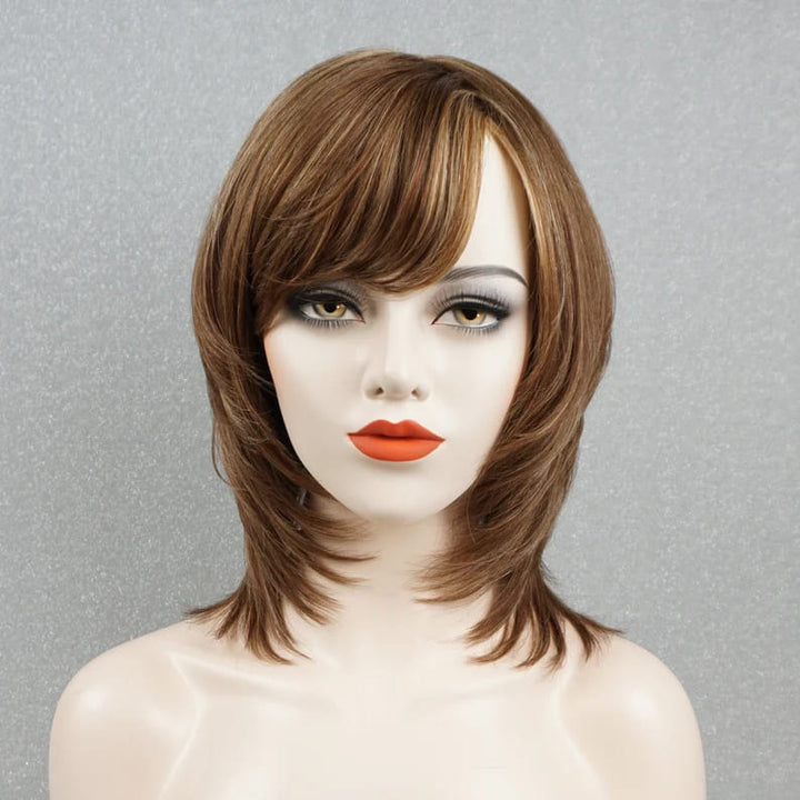 Chestnut Brown Blonde Highlights Layered Wig with Bangs - ULOFEY
