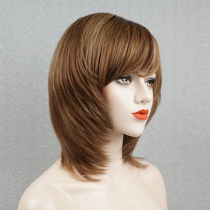 Chestnut Brown Blonde Highlights Layered Wig with Bangs - ULOFEY