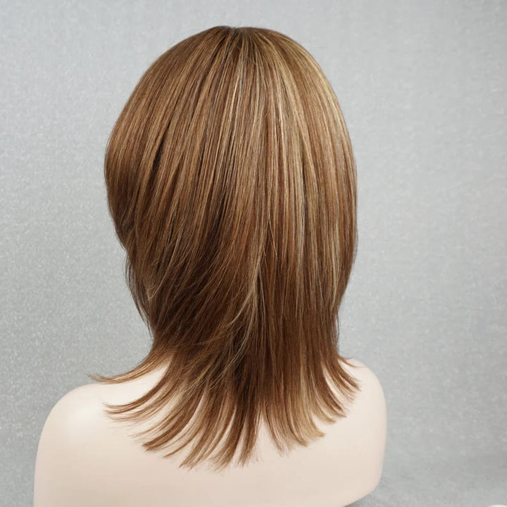 Chestnut Brown Blonde Highlights Layered Wig with Bangs - ULOFEY