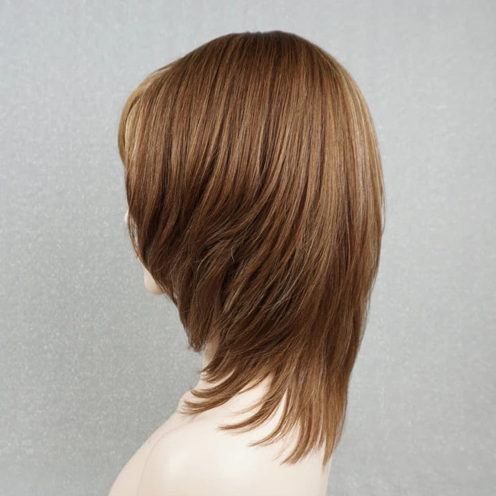 Chestnut Brown Blonde Highlights Layered Wig with Bangs - ULOFEY