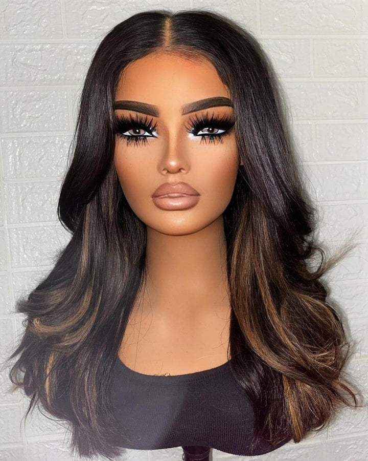 Chestnut Brown Highlights Brazilian Virgin Human Hair Lace Front Wig