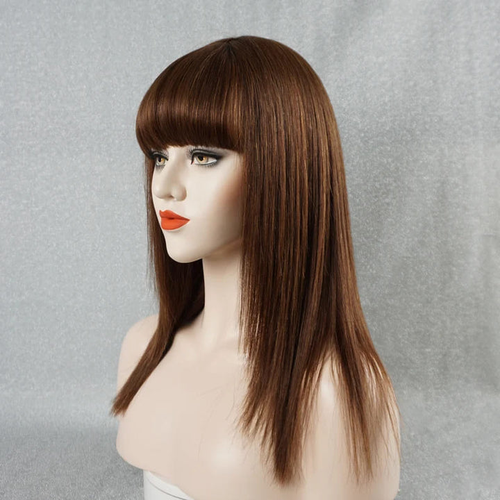 Chestnut Brown Straight with Bangs Breathable Cap human hair wig - ULOFEY
