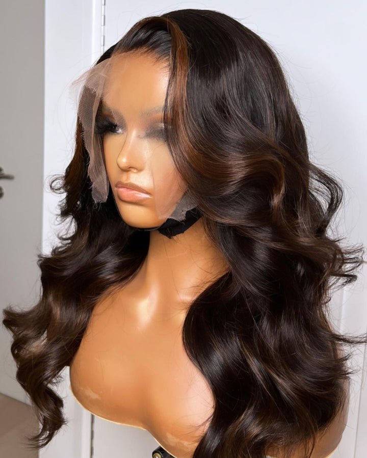 Chocolate Brown Highlight Wave 360 Transparent Lace  Human Hair Wigs - Ulofey Wigs