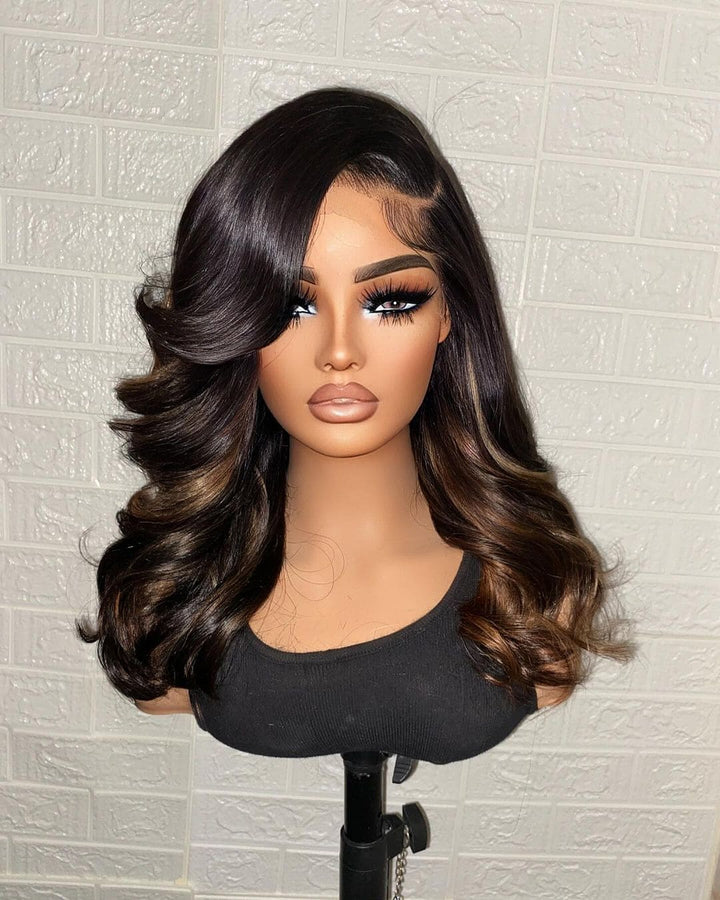 10-26 inches Chocolate Brown Highlights Color Wave Full Lace Human Hair Wigs - ULOFEY