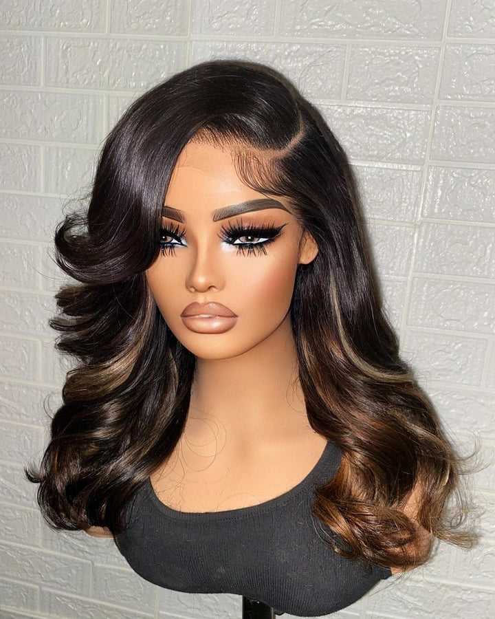 10-26 inches Chocolate Brown Highlights Color Wave Full Lace Human Hair Wigs - ULOFEY