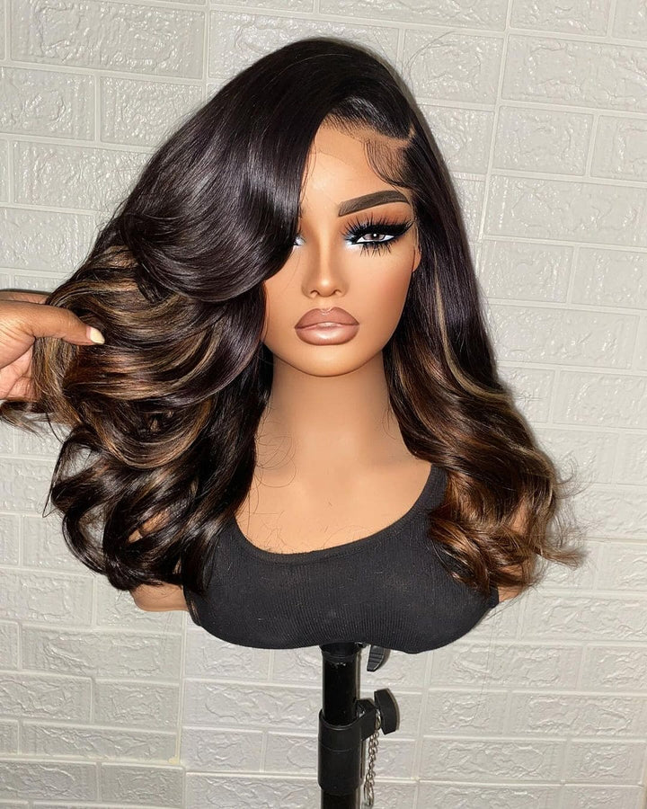 10-26 inches Chocolate Brown Highlights Color Wave Full Lace Human Hair Wigs - ULOFEY