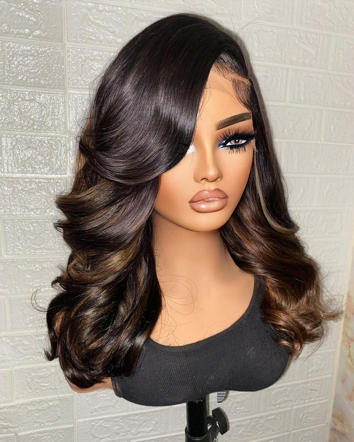 10-26 inches Chocolate Brown Highlights Color Wave Full Lace Human Hair Wigs - ULOFEY