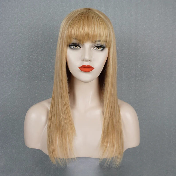 18inch Cream Blonde Highlights Straight Layered Glueless With Bangs Human Hair Wig - ULOFEY