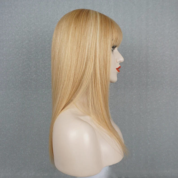 18inch Cream Blonde Highlights Straight Layered Glueless With Bangs Human Hair Wig - ULOFEY