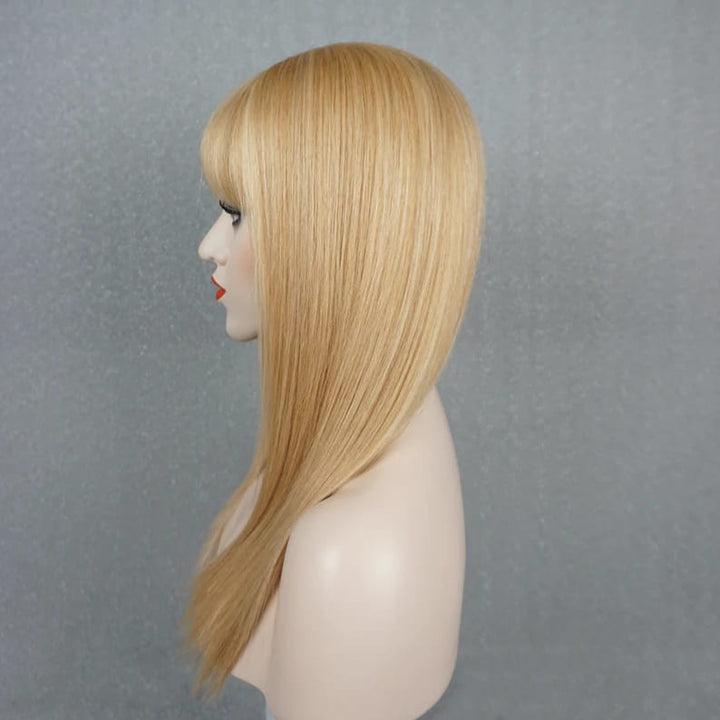 18inch Cream Blonde Highlights Straight Layered Glueless With Bangs Human Hair Wig - ULOFEY