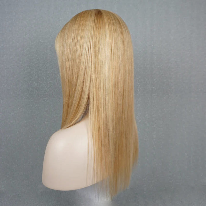 18inch Cream Blonde Highlights Straight Layered Glueless With Bangs Human Hair Wig - ULOFEY