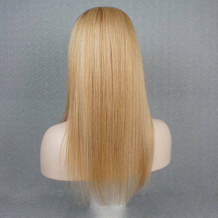 18inch Cream Blonde Highlights Straight Layered Glueless With Bangs Human Hair Wig - ULOFEY