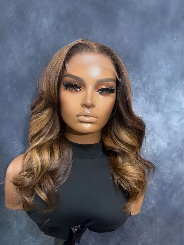 Dark Brown with Honey Blonde Highlights Middle Part Wavy HD Lace 6x5 Closure Human Hair Wig - ULOFEY