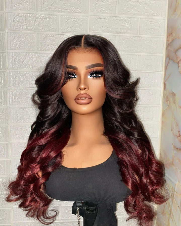 14-24inch Dark Burgundy Wave Glueless Breathable Cap 5x5 Closure Human Hair Wig - ULOFEY