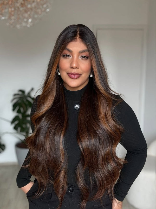 Hazel Highlights For Dark Brown Glueless Silk Top Virgin Human Hair Wigs - Ulofey Wigs