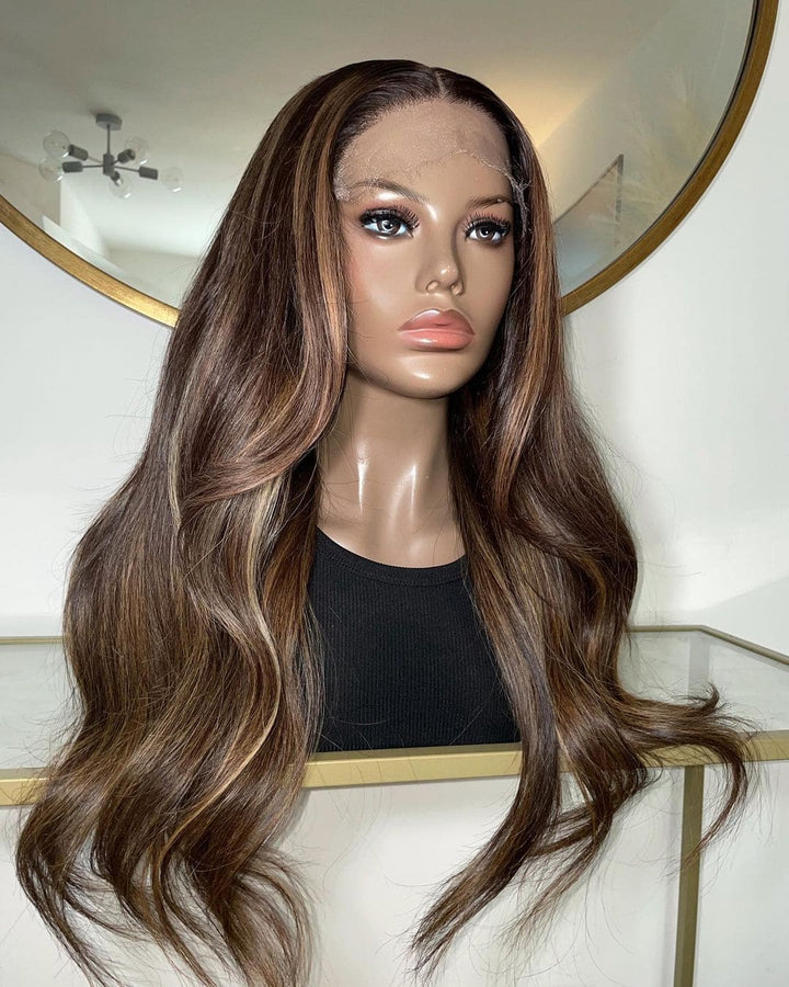 Highlight Brown Put On And Go Glueless Loose Wave Lace Human Hair 5x5 Closure Wig - ULOFEY