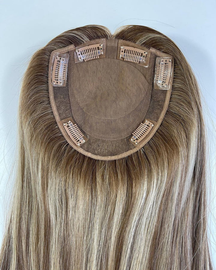 Honey Blonde Highlights 8”*8” Silk Base Clip In Virgin Human Hair Topper - ULOFEY