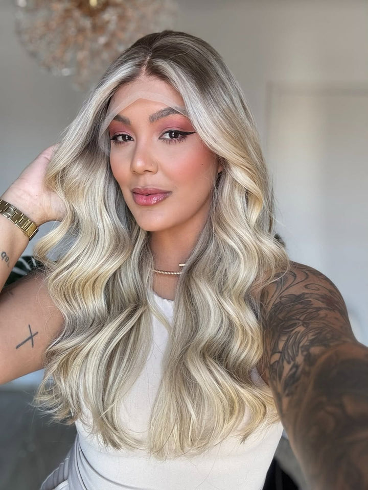 16-24inch Icy Blonde Ombré Wave 13x4 Front Lace Virgin Human Hair Wigs - Ulofey Wigs