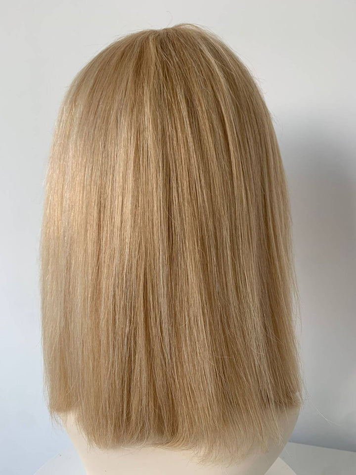 10inch Light Blonde Highlights Bob Glueless With Bangs Human Hair Wig - ULOFEY