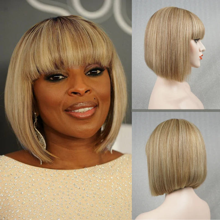 10inch Light Blonde Highlights Bob Glueless With Bangs Human Hair Wig - ULOFEY