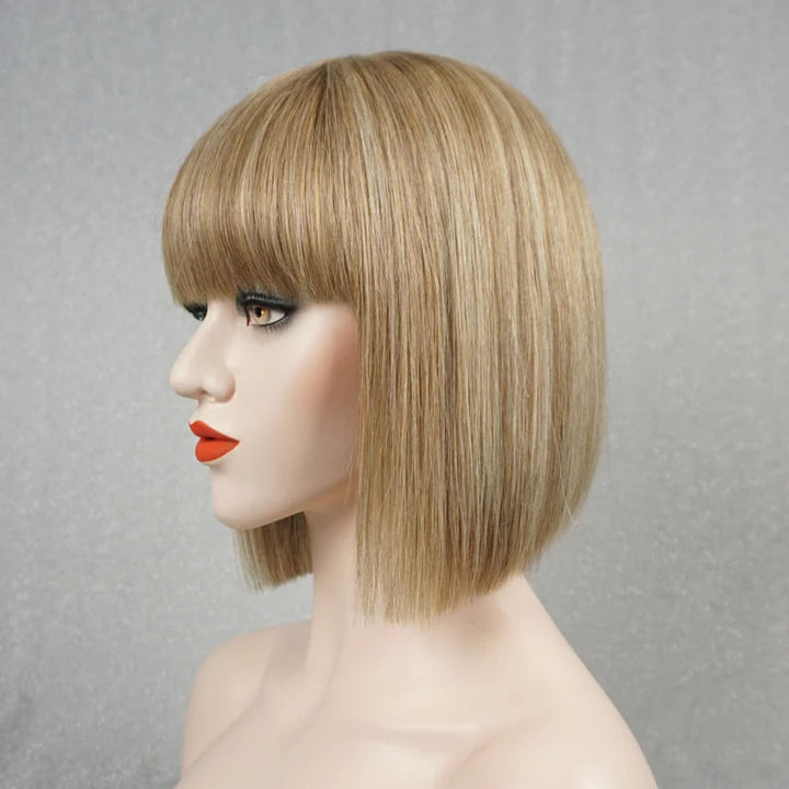 10inch Light Blonde Highlights Bob Glueless With Bangs Human Hair Wig - ULOFEY