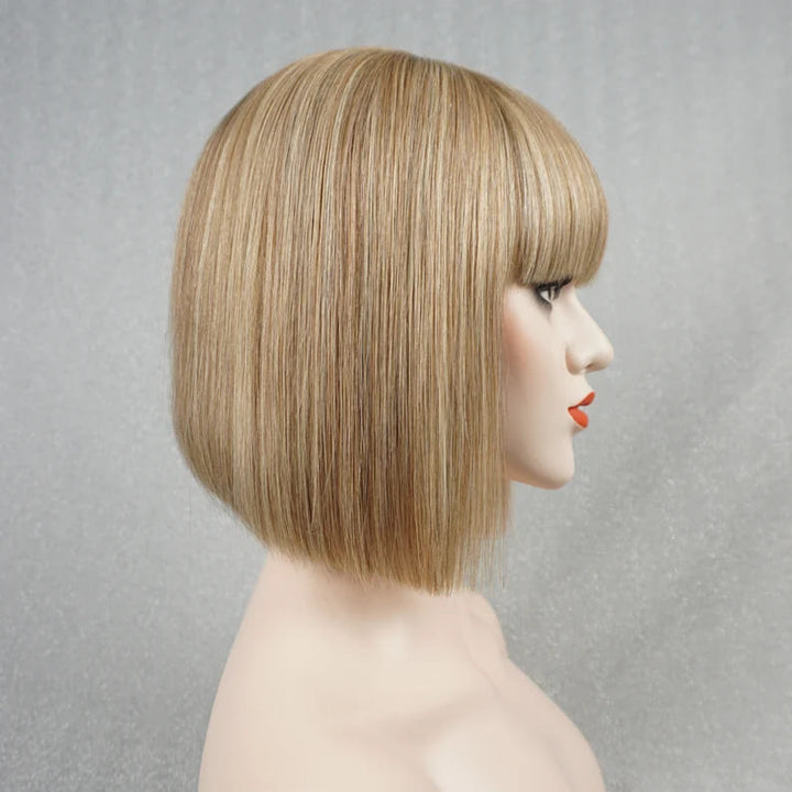 10inch Light Blonde Highlights Bob Glueless With Bangs Human Hair Wig - ULOFEY