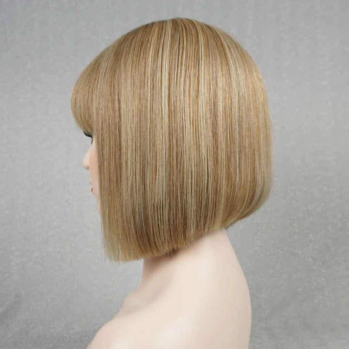 10inch Light Blonde Highlights Bob Glueless With Bangs Human Hair Wig - ULOFEY