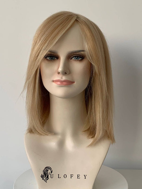 10inch Light Blonde Highlights Bob Glueless With Bangs Human Hair Wig - ULOFEY