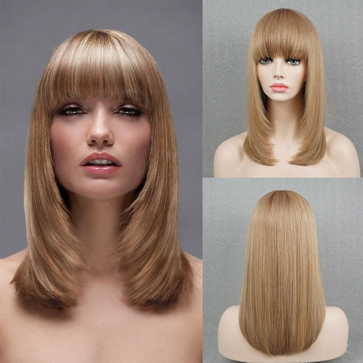 16inch Light Blonde Straight Layered Wig with Bangs - ULOFEY