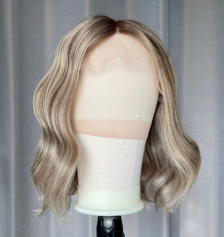 12inch Gradient Blonde | Ombre T4/613 Brown Roots Blonde BOB Wave Glueless 13x4 Front Lace Human Hair Wig - ULOFEY