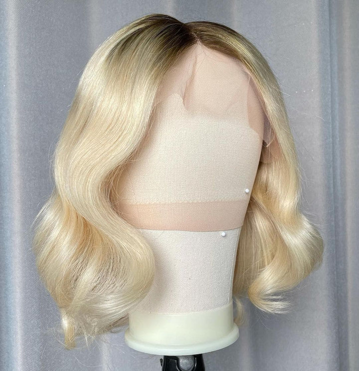 12inch Gradient Blonde | Ombre T4/613 Brown Roots Blonde BOB Wave Glueless 13x4 Front Lace Human Hair Wig - ULOFEY