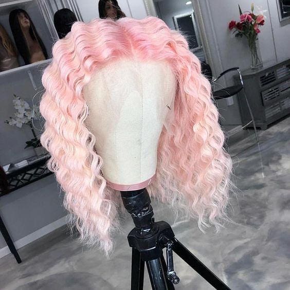 Pink Short Bob Curly 13*4 Front Lace Human Hair Wig