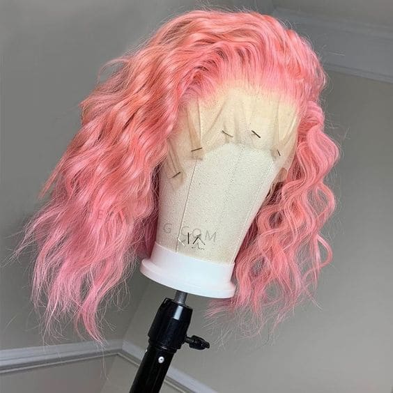 Pink Short Bob Curly 13*4 Front Lace Human Hair Wig